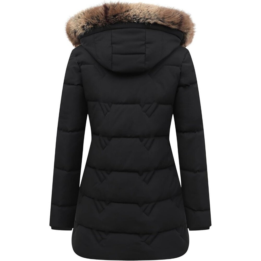 "Women's Black Waterproof Winter Coat, Long Insulated Parka with Detachable Hood - Picture 2 of 7